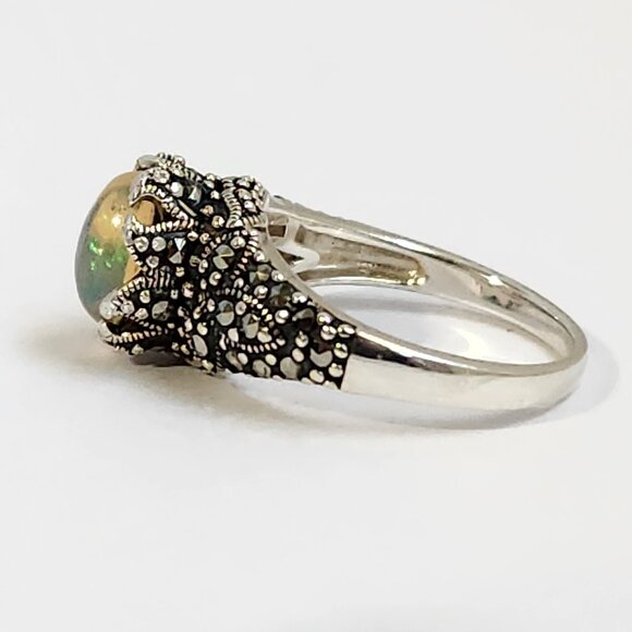 VTG 4.31g 925 Natural Ethiopian Welo Fire Opal W/ Marcasite Ring Sz 6 - Picture 11 of 15